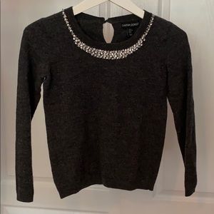 gray sweater with rhinestone neckline